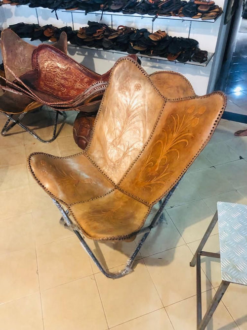Handmade Sri Lankan Buffalo leather Butterfly chair (single colour embossed)