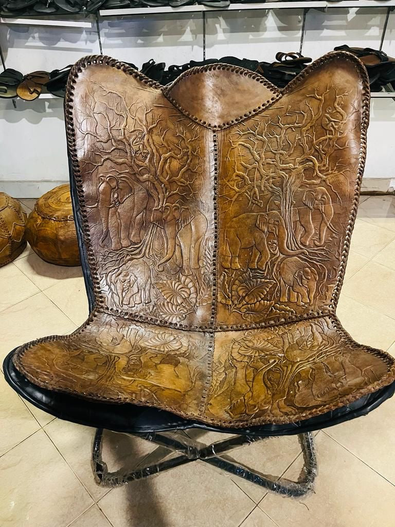 Handmade Sri Lankan Buffalo leather Butterfly chair (single colour embossed)