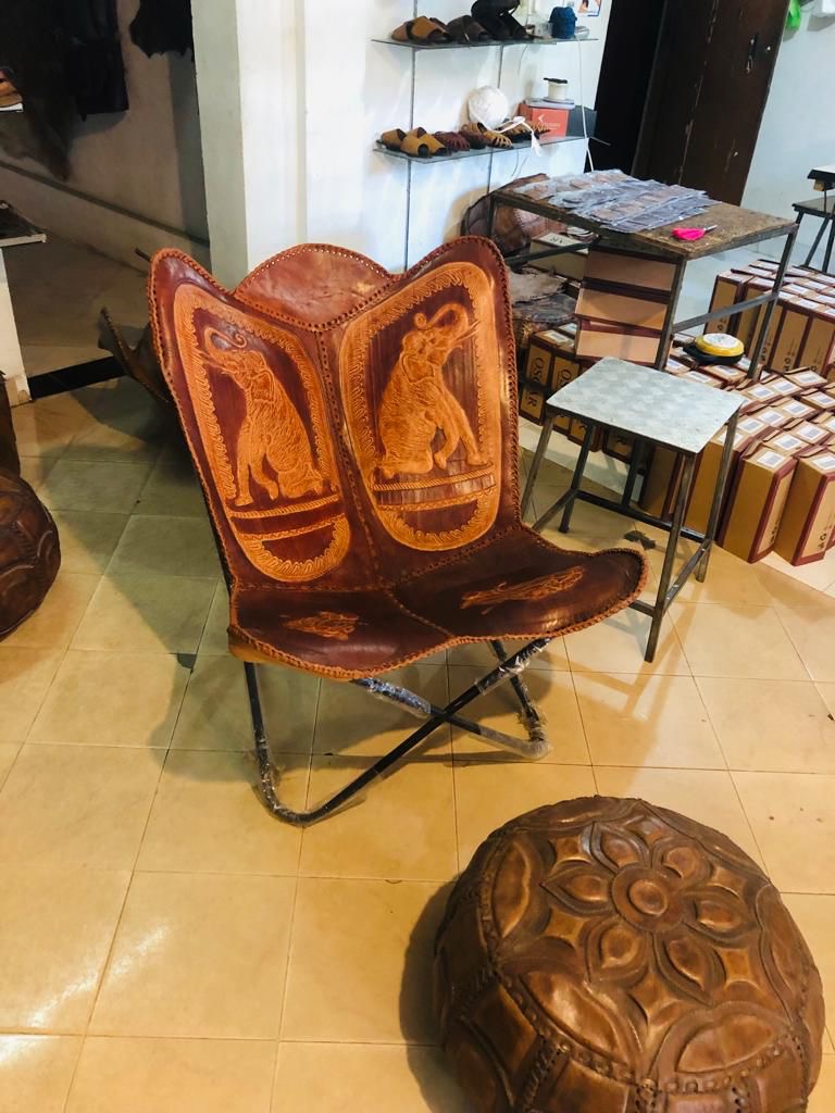 Handmade Sri Lankan Buffalo leather Butterfly chair (two colour, embossed)