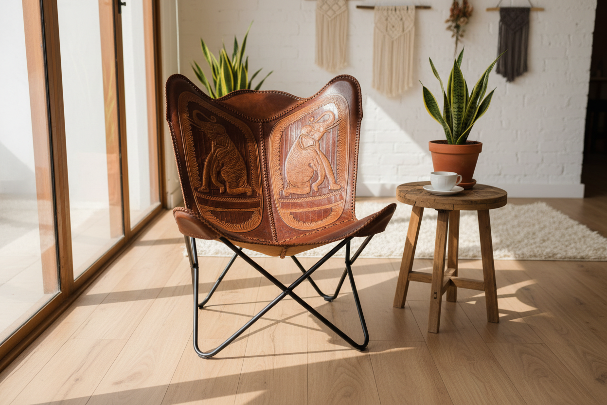 Handmade Sri Lankan Buffalo leather Butterfly chair in a warm bohemian interior setting