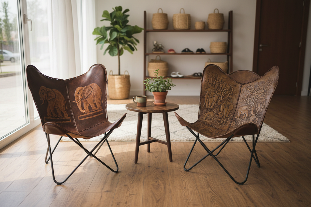 Two Handmade Sri Lankan Buffalo leather Butterfly chairs with small table between them